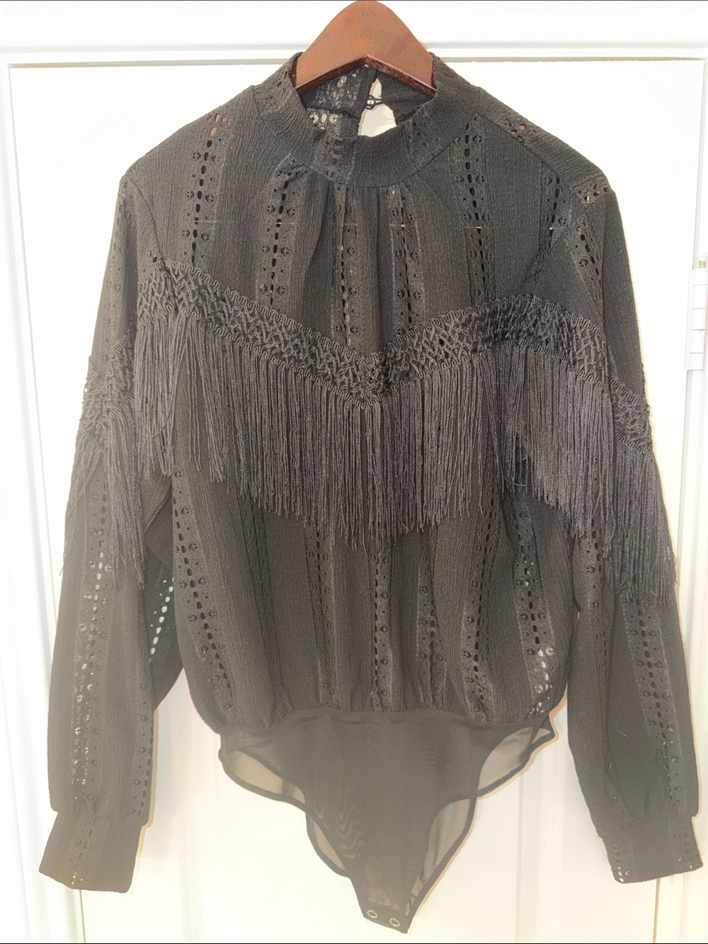 Forever 21 Black Fringe Lace Bodysuit Blouse